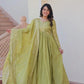 Designer Gold-Crush Embroidered Gown with Sequins & Multi-Work | Party Wear Gown with Dupatta – Green & Pink