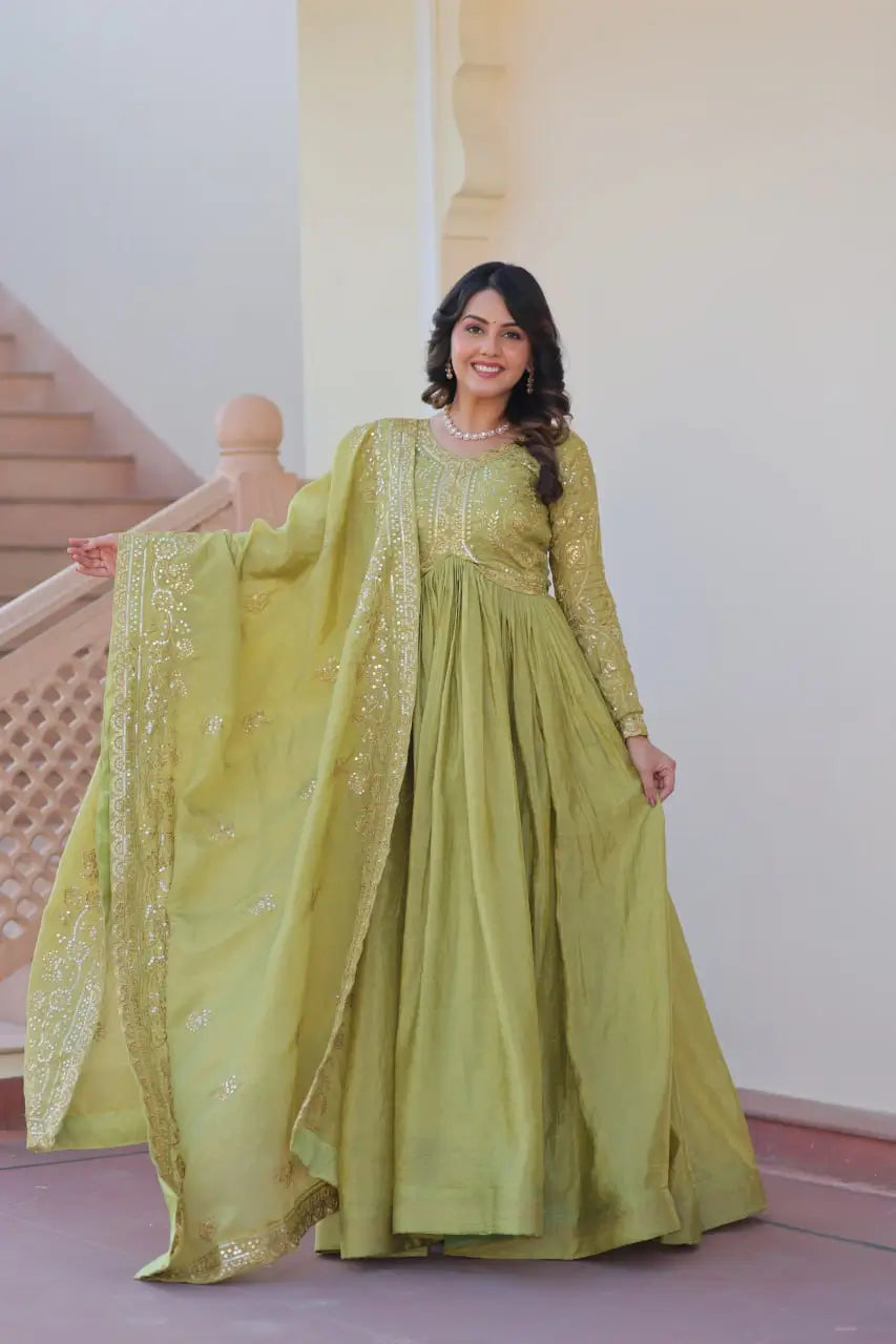 Designer Gold-Crush Embroidered Gown with Sequins & Multi-Work | Party Wear Gown with Dupatta – Green & Pink