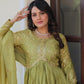 Designer Gold-Crush Embroidered Gown with Sequins & Multi-Work | Party Wear Gown with Dupatta – Green & Pink
