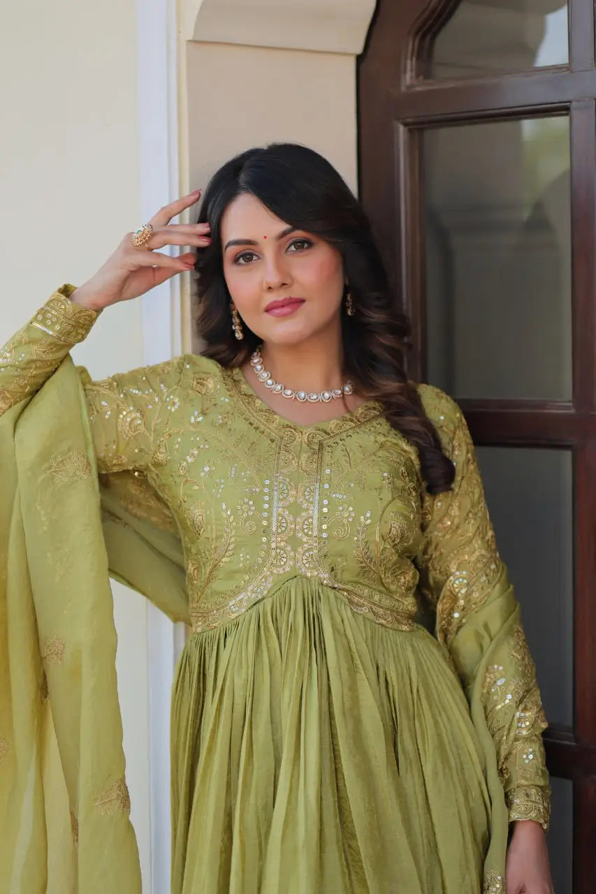 Designer Gold-Crush Embroidered Gown with Sequins & Multi-Work | Party Wear Gown with Dupatta – Green & Pink