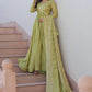 Designer Gold-Crush Embroidered Gown with Sequins & Multi-Work | Party Wear Gown with Dupatta – Green & Pink