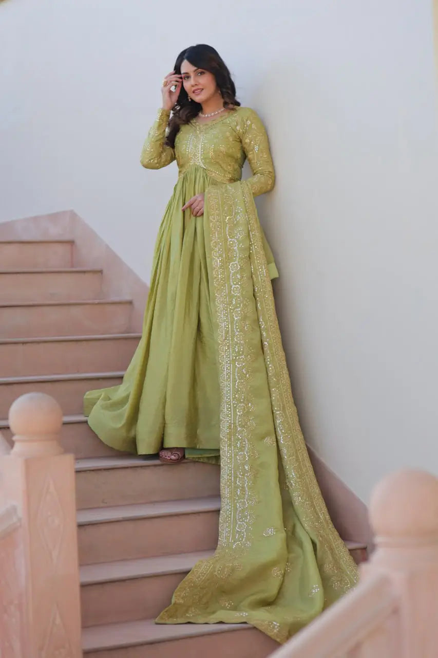 Designer Gold-Crush Embroidered Gown with Sequins & Multi-Work | Party Wear Gown with Dupatta – Green & Pink
