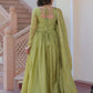 Designer Gold-Crush Embroidered Gown with Sequins & Multi-Work | Party Wear Gown with Dupatta – Green & Pink
