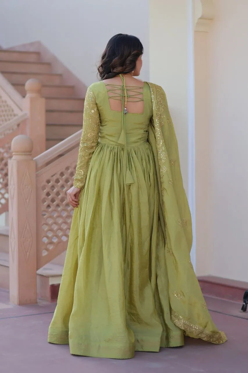 Designer Gold-Crush Embroidered Gown with Sequins & Multi-Work | Party Wear Gown with Dupatta – Green & Pink