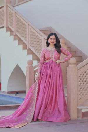Designer Gold-Crush Embroidered Gown with Sequins & Multi-Work | Party Wear Gown with Dupatta – Green & Pink