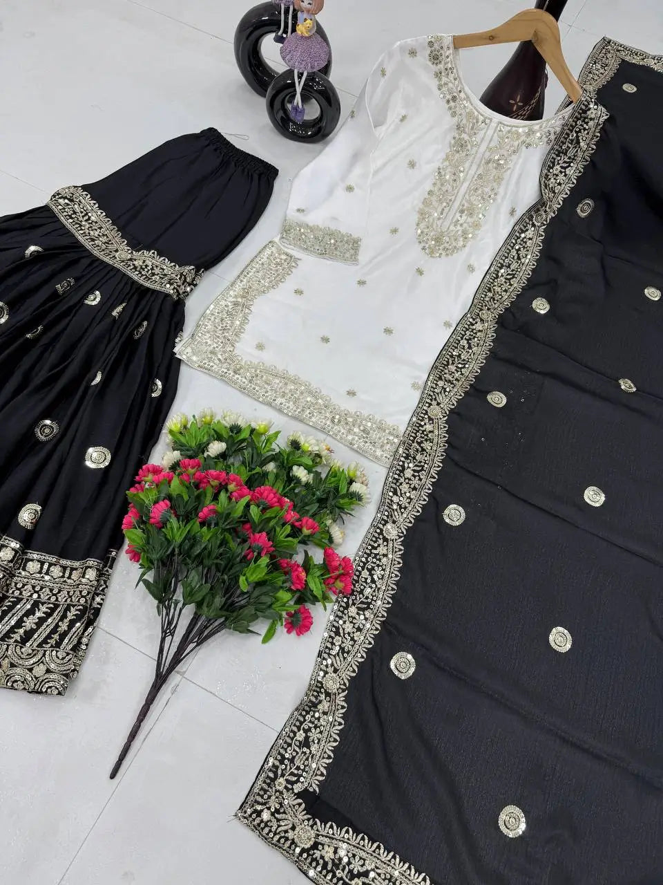 Designer Heavy Chinon Embroidered Sharara Set