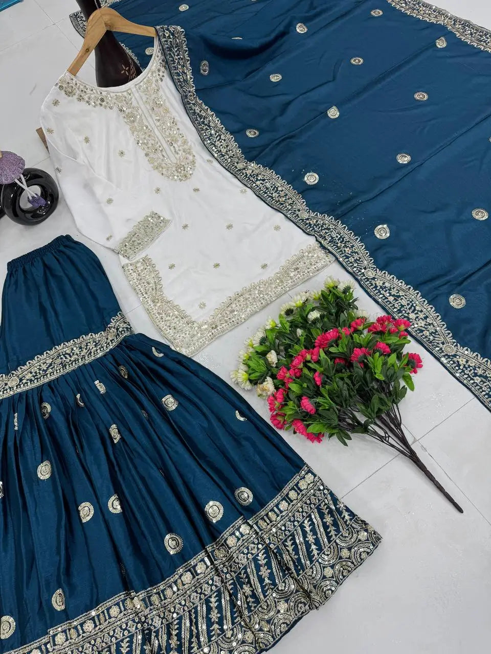 Designer Heavy Chinon Embroidered Sharara Set