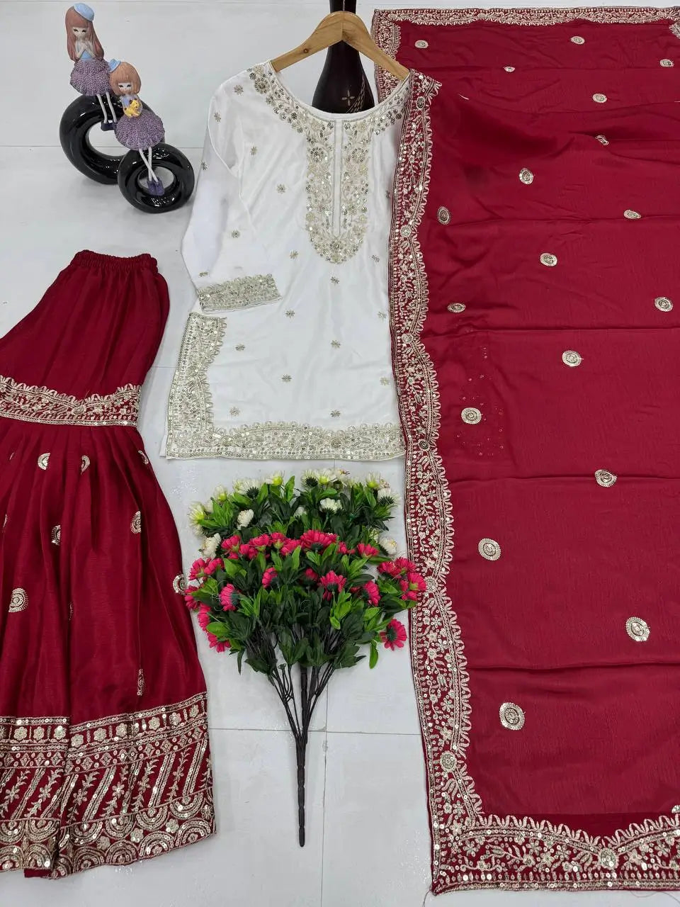 Designer Heavy Chinon Embroidered Sharara Set