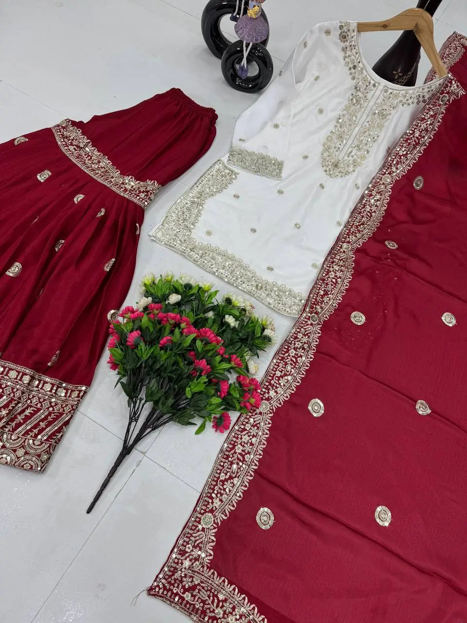 Designer Heavy Chinon Embroidered Sharara Set