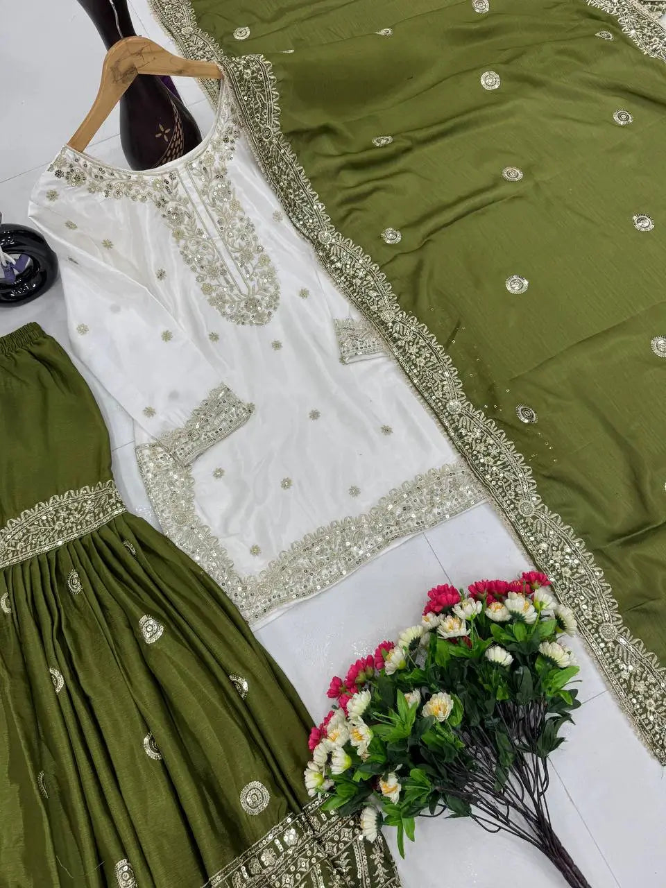 Designer Heavy Chinon Embroidered Sharara Set