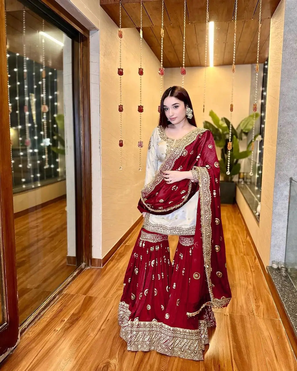 Designer Heavy Chinon Embroidered Sharara Set