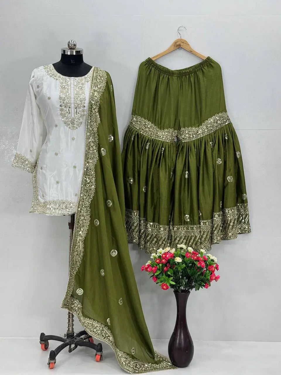 Designer Heavy Chinon Embroidered Sharara Set