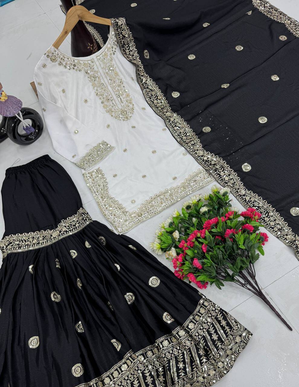 Designer Heavy Chinon Embroidered Sharara Set