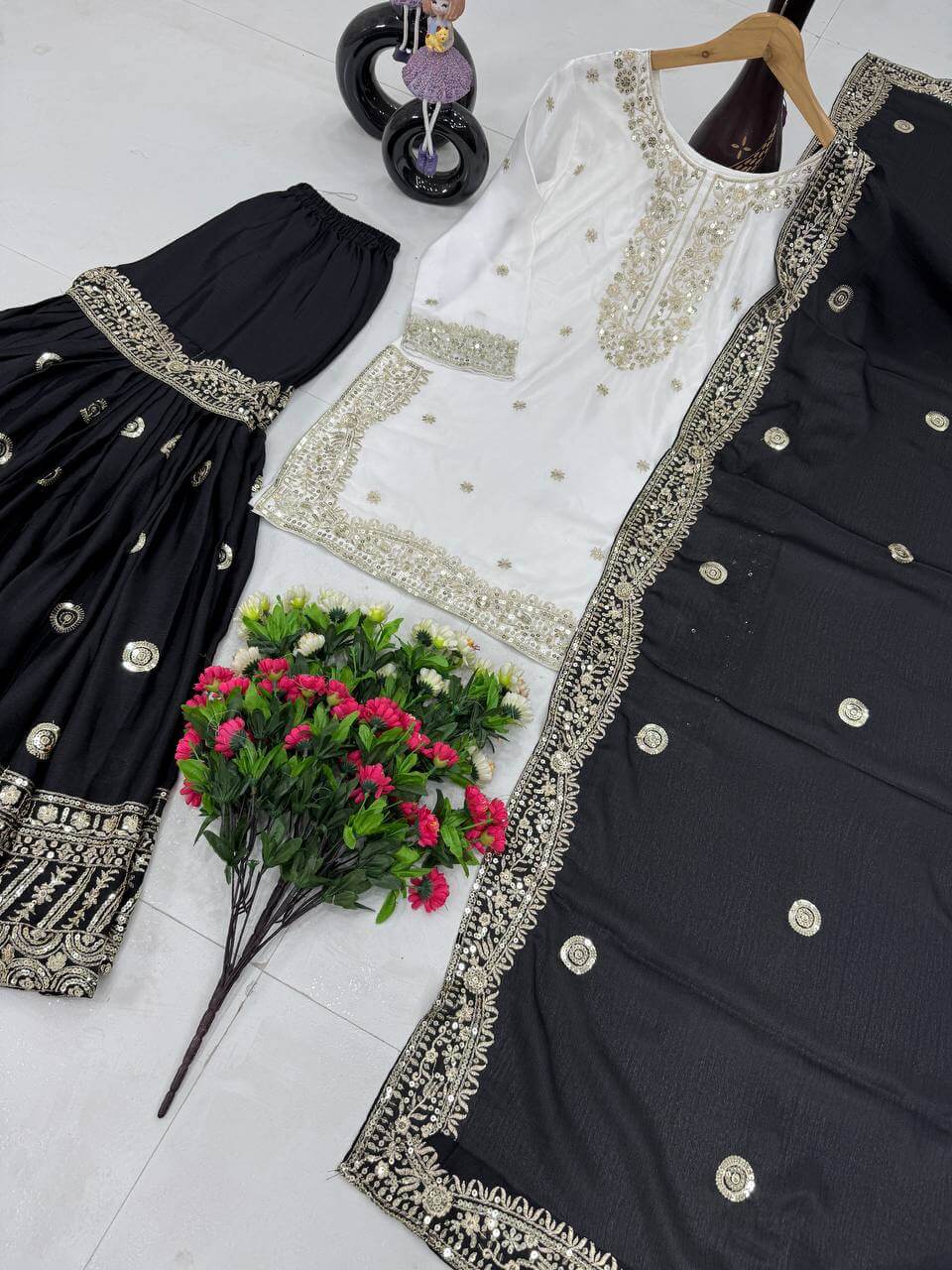 Designer Heavy Chinon Embroidered Sharara Set