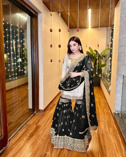 Designer Heavy Chinon Embroidered Sharara Set