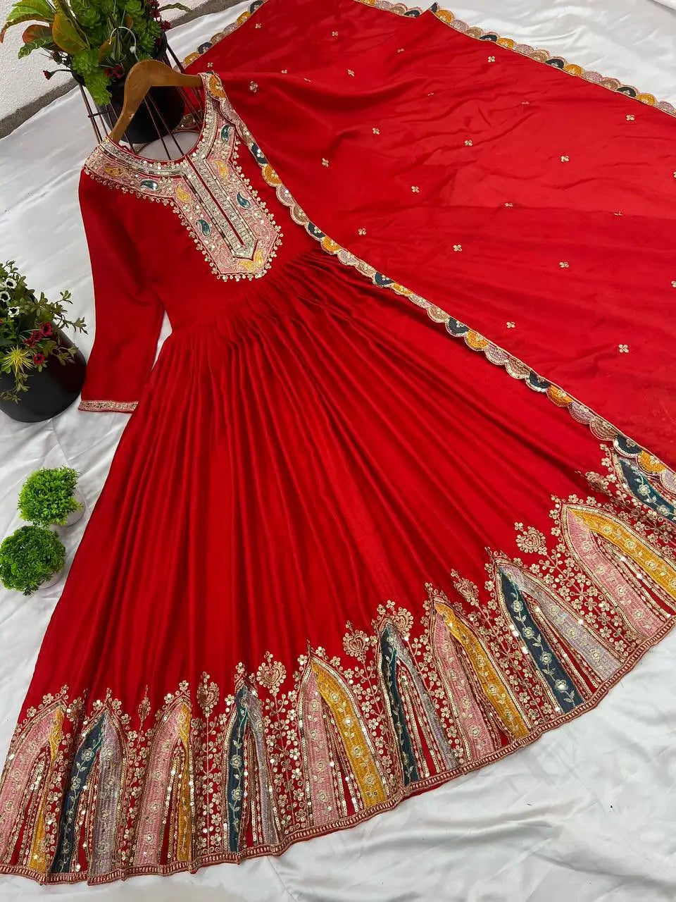 Designer Heavy Chinon Silk Embroidered Gown with Dupatta