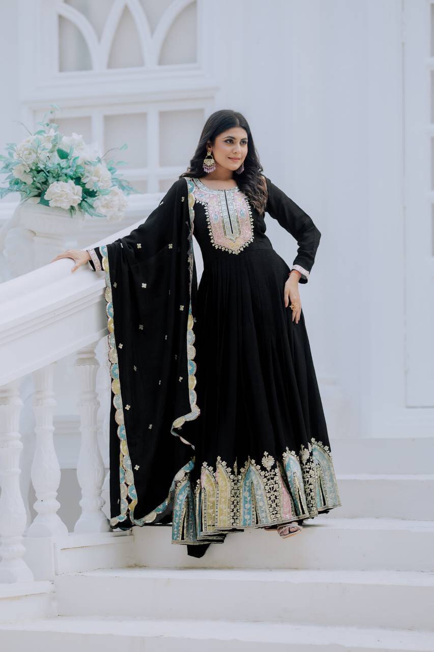 Designer Heavy Chinon Silk Embroidered Gown with Dupatta
