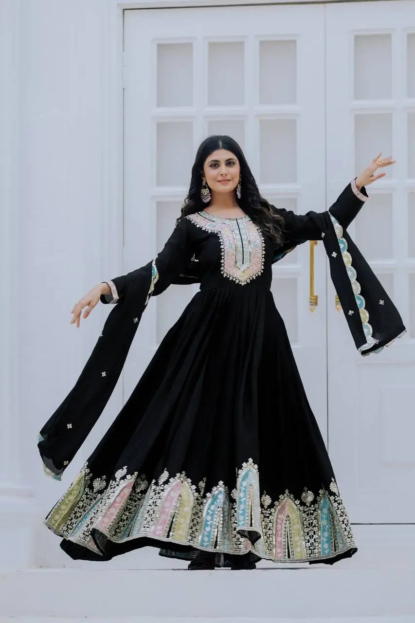Designer Heavy Chinon Silk Embroidered Gown with Dupatta