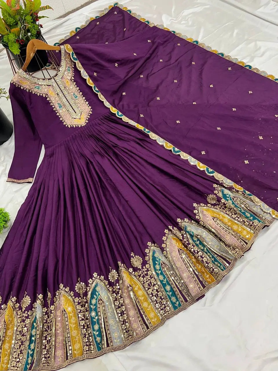 Designer Heavy Chinon Silk Embroidered Gown with Dupatta