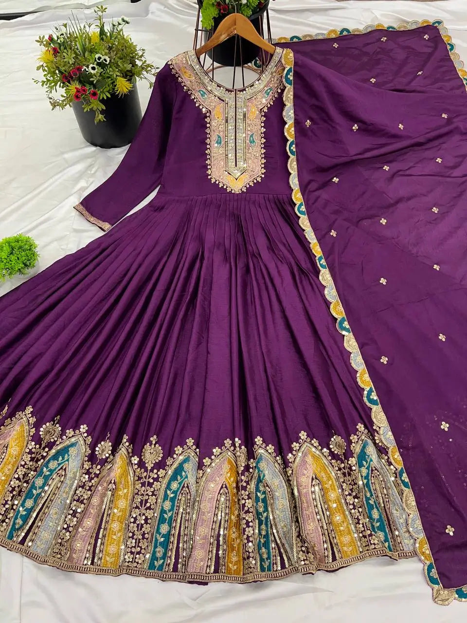 Designer Heavy Chinon Silk Embroidered Gown with Dupatta