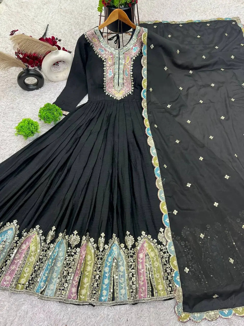 Designer Heavy Chinon Silk Embroidered Gown with Dupatta