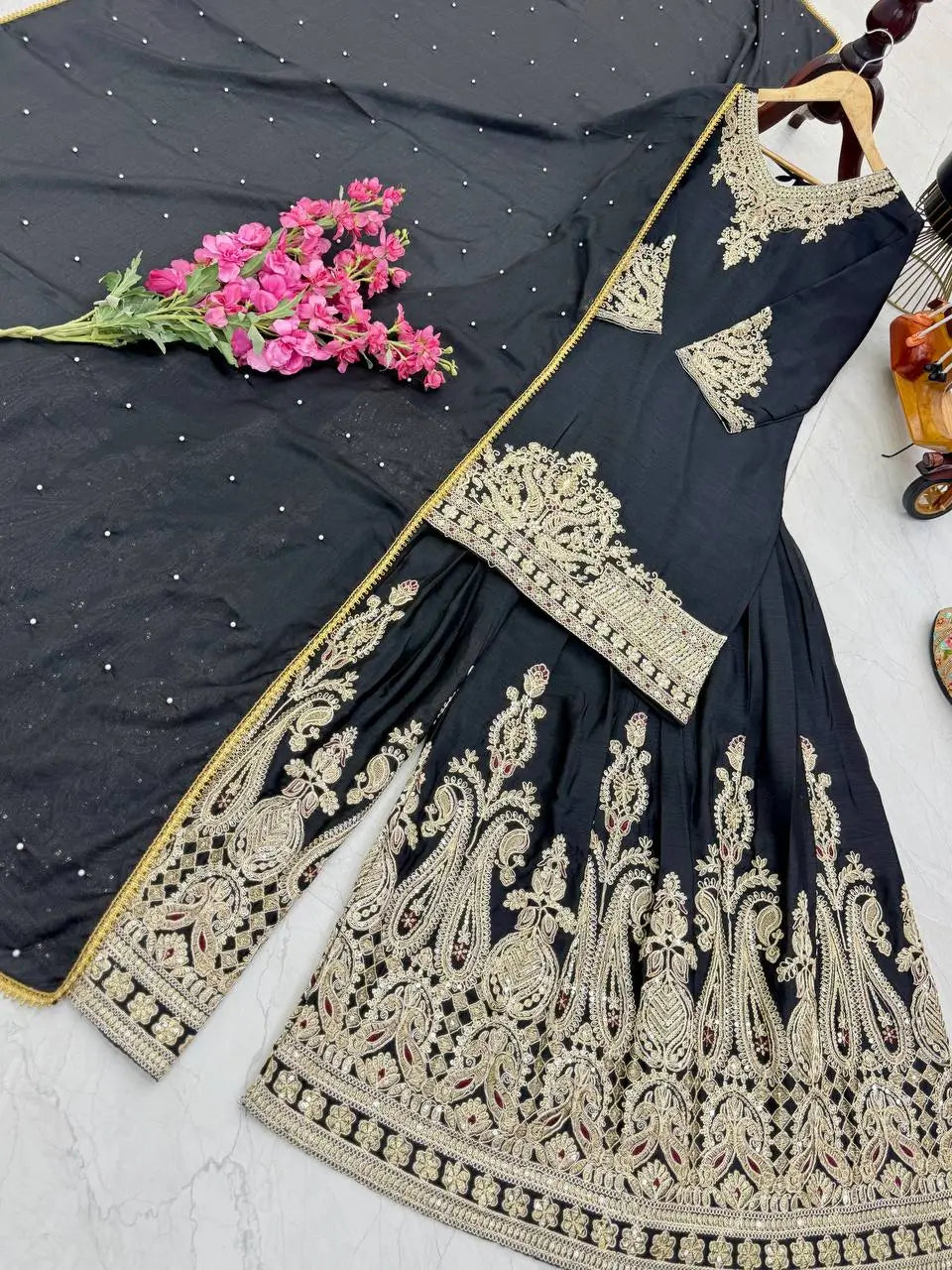 Designer Heavy Chinon Silk Sharara Suit with Coding Sequin Embroidery