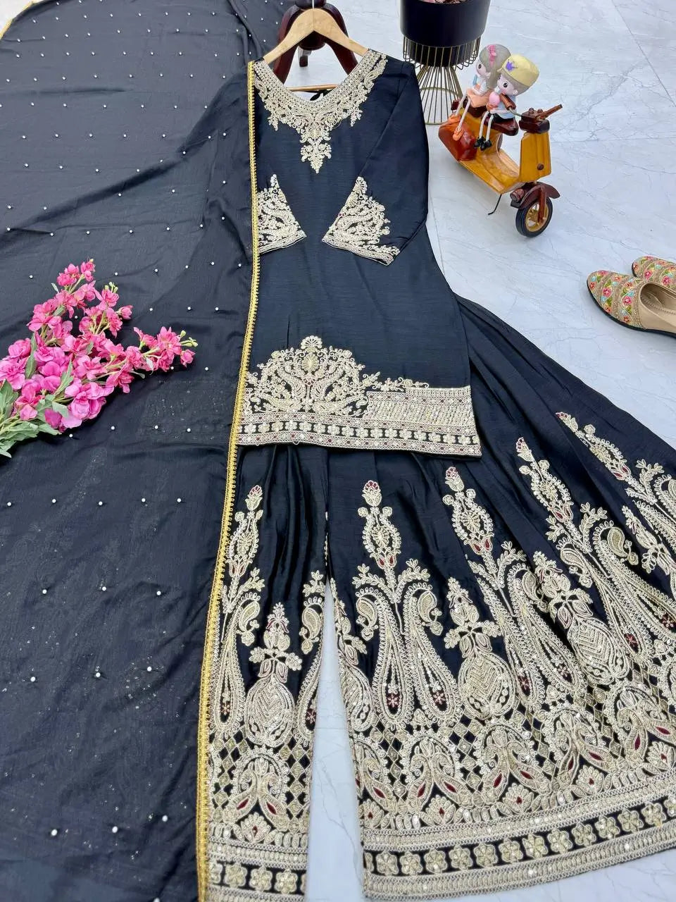 Designer Heavy Chinon Silk Sharara Suit with Coding Sequin Embroidery