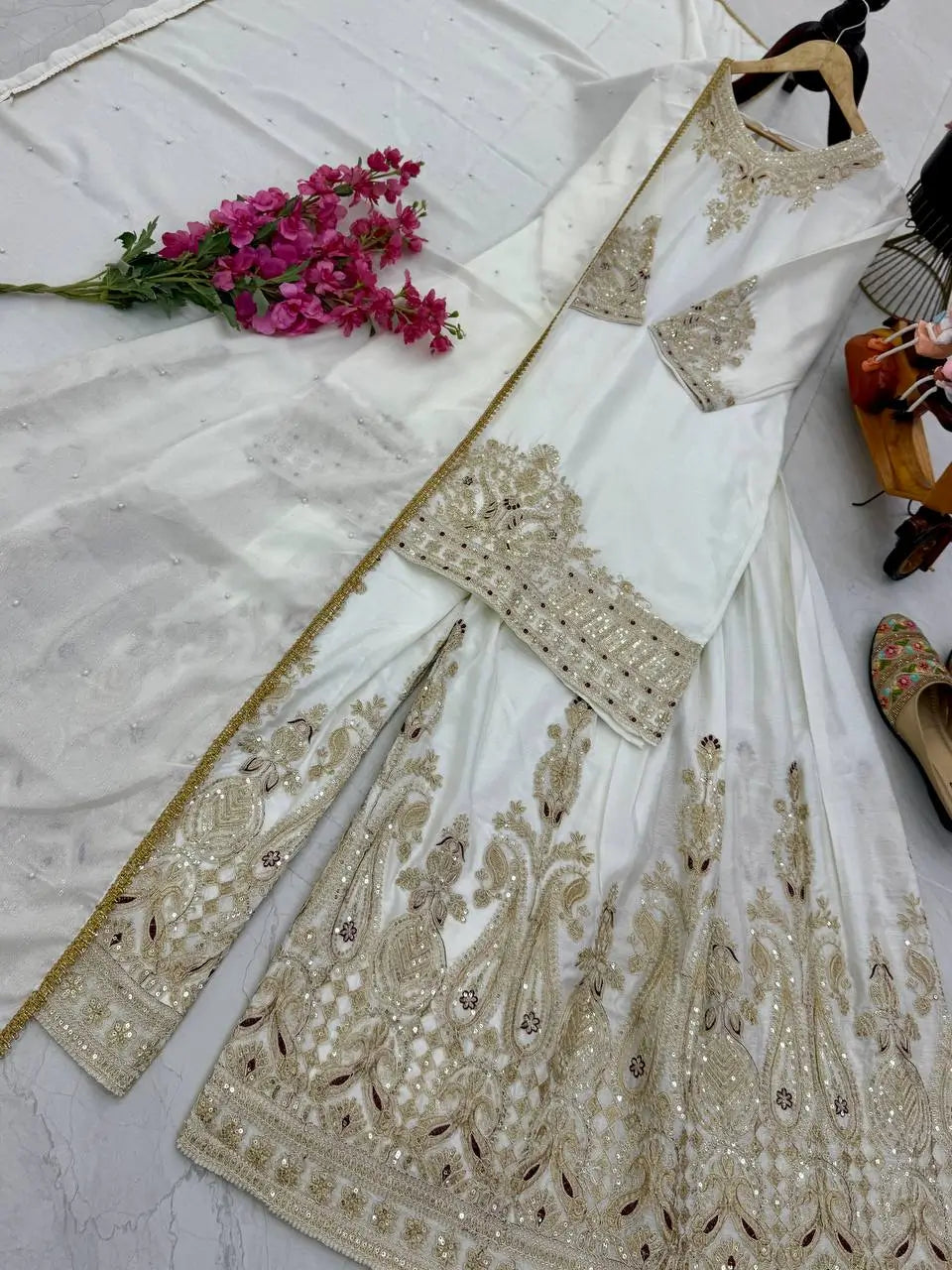 Designer Heavy Chinon Silk Sharara Suit with Coding Sequin Embroidery