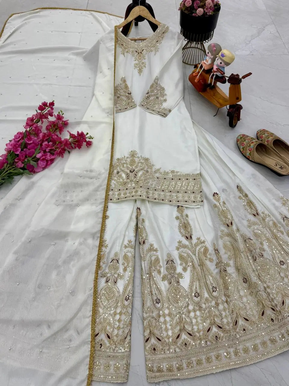 Designer Heavy Chinon Silk Sharara Suit with Coding Sequin Embroidery
