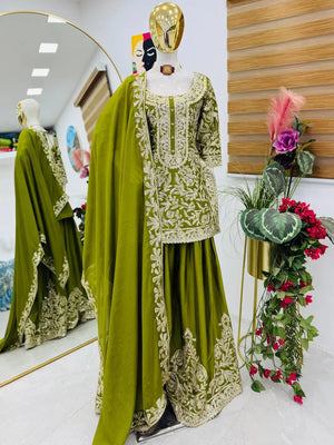 Designer Heavy Chinon Silk Sharara Suit with Coding Sequin Embroidery