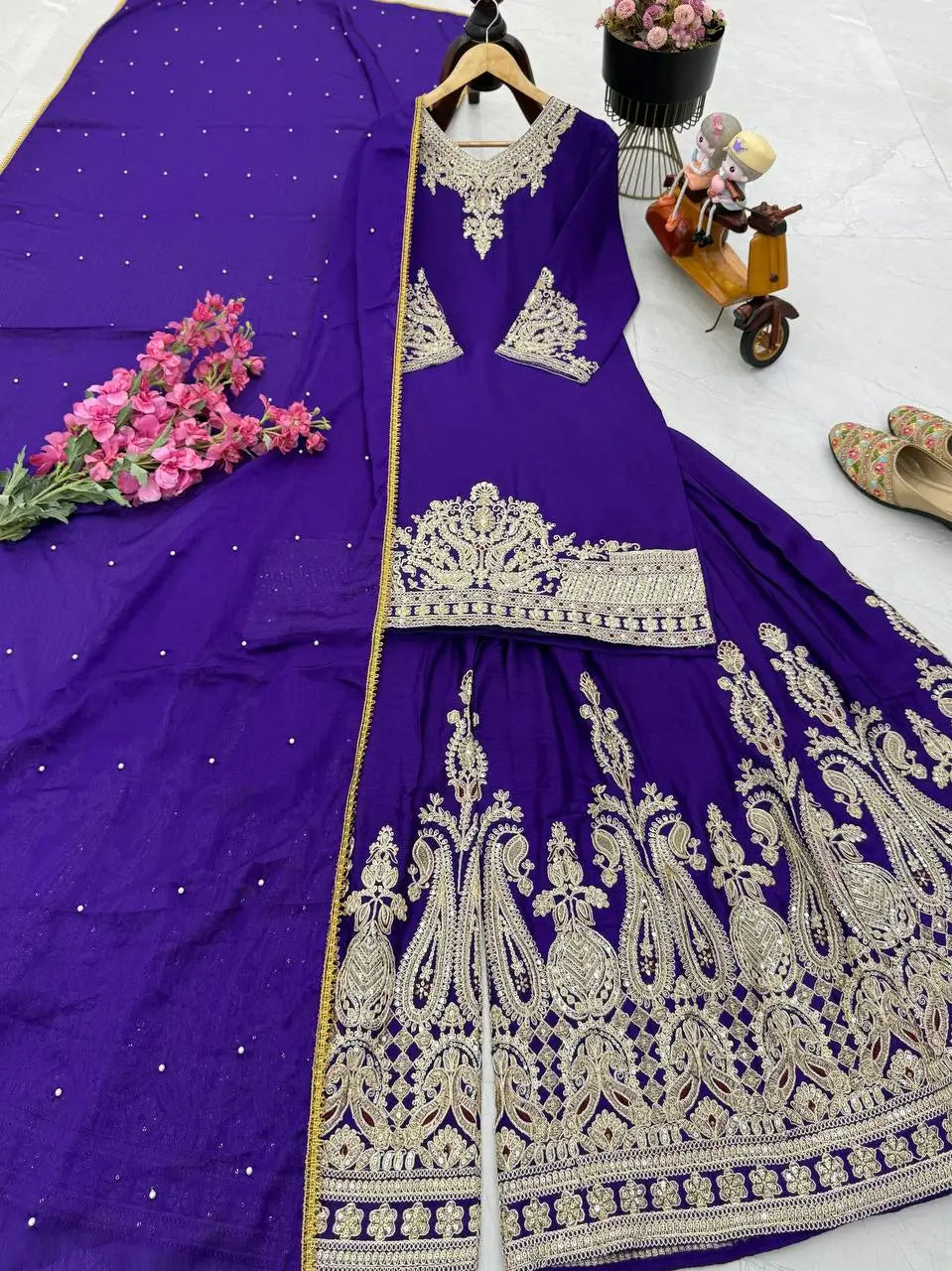 Designer Heavy Chinon Silk Sharara Suit with Coding Sequin Embroidery