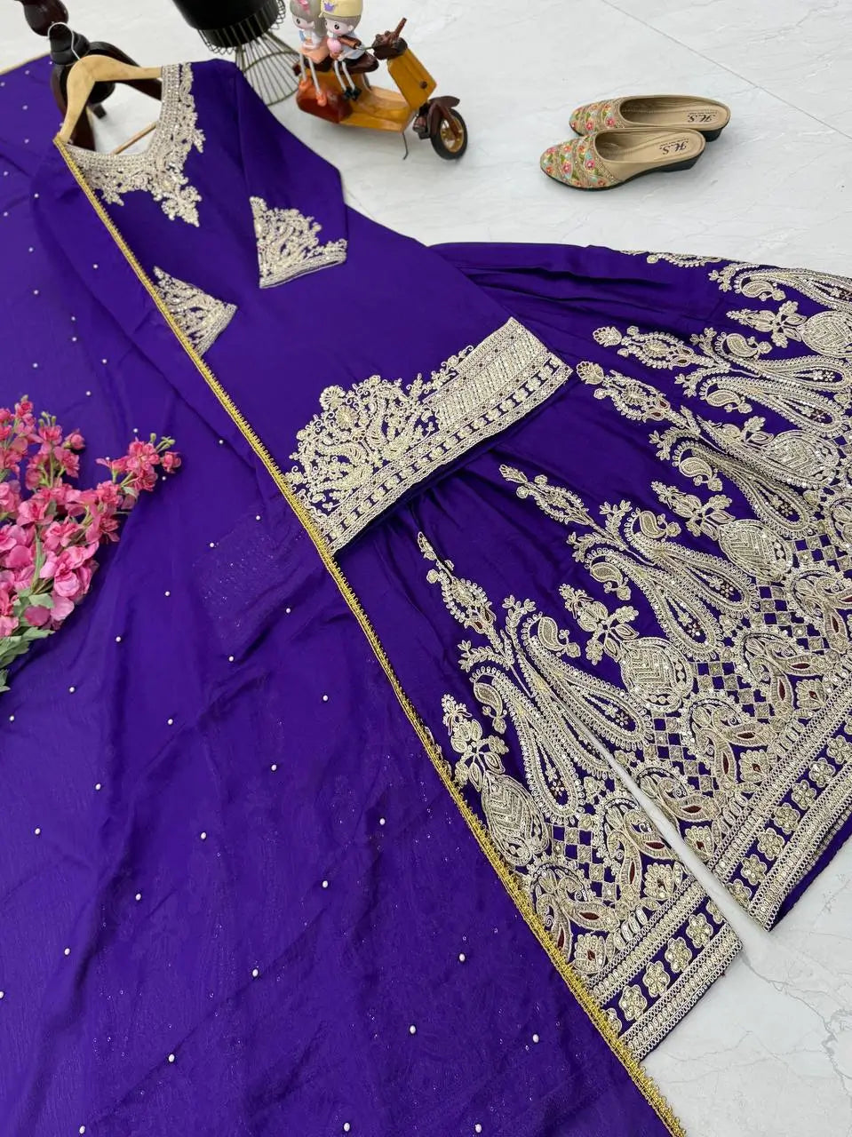 Designer Heavy Chinon Silk Sharara Suit with Coding Sequin Embroidery