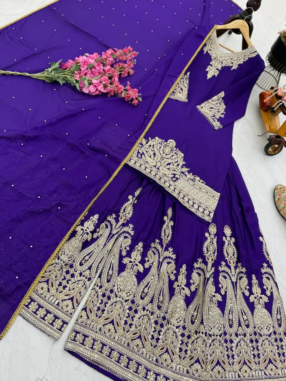 Designer Heavy Chinon Silk Sharara Suit with Coding Sequin Embroidery