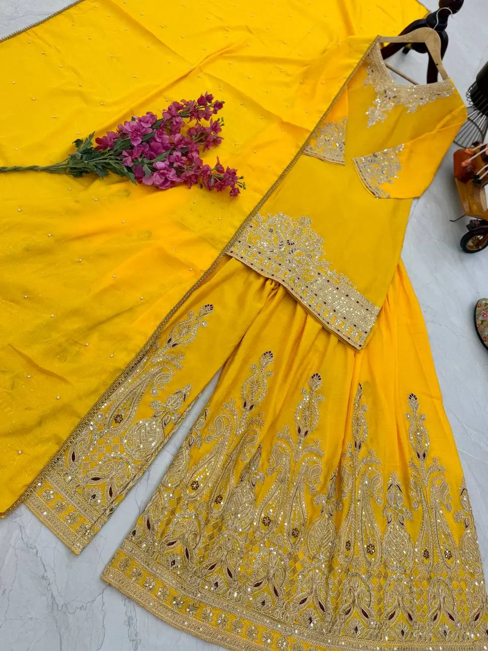 Designer Heavy Chinon Silk Sharara Suit with Coding Sequin Embroidery