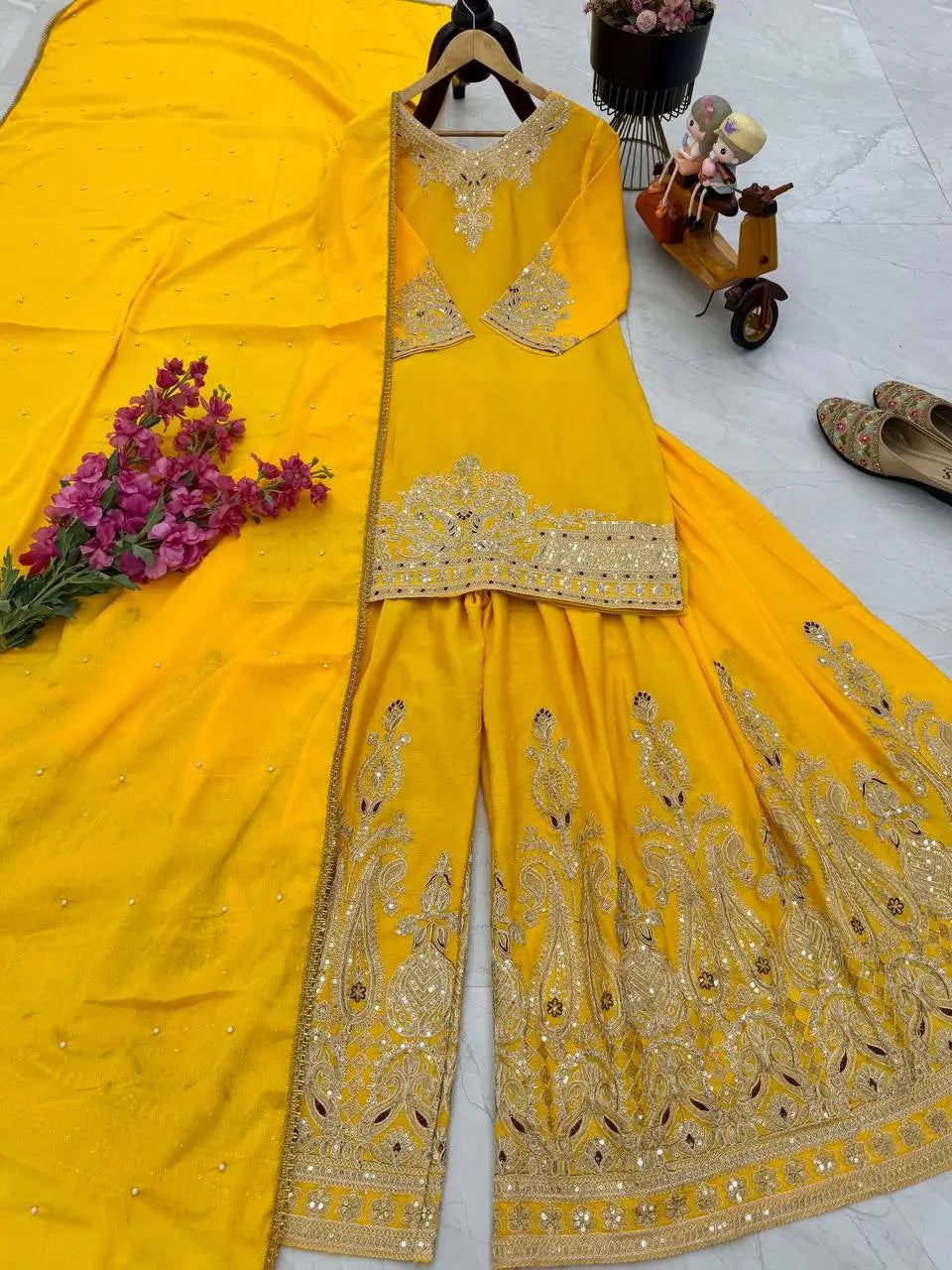 Designer Heavy Chinon Silk Sharara Suit with Coding Sequin Embroidery