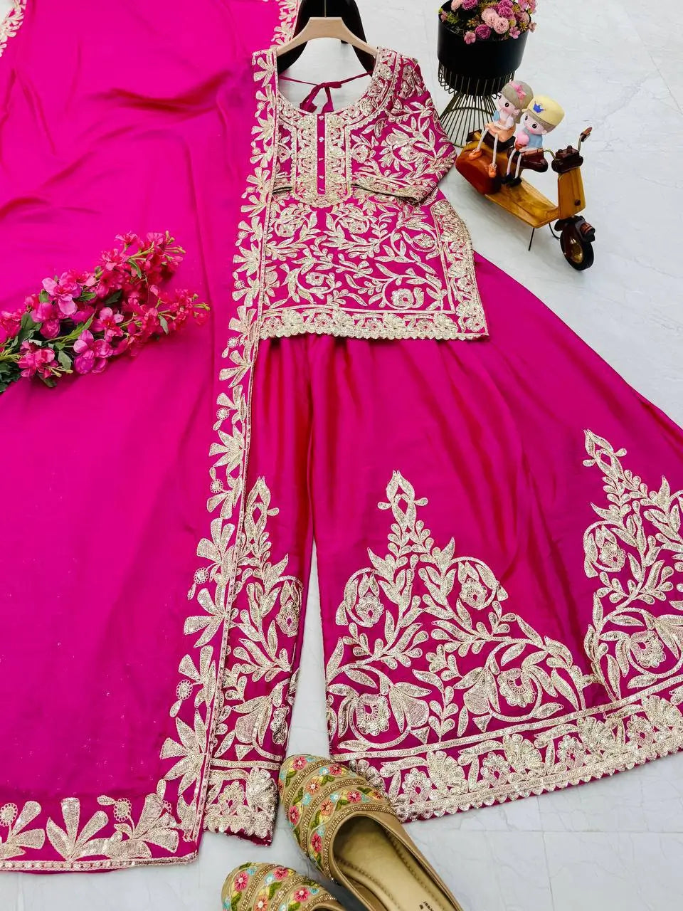 Designer Heavy Chinon Silk Sharara Suit with Coding Sequin Embroidery