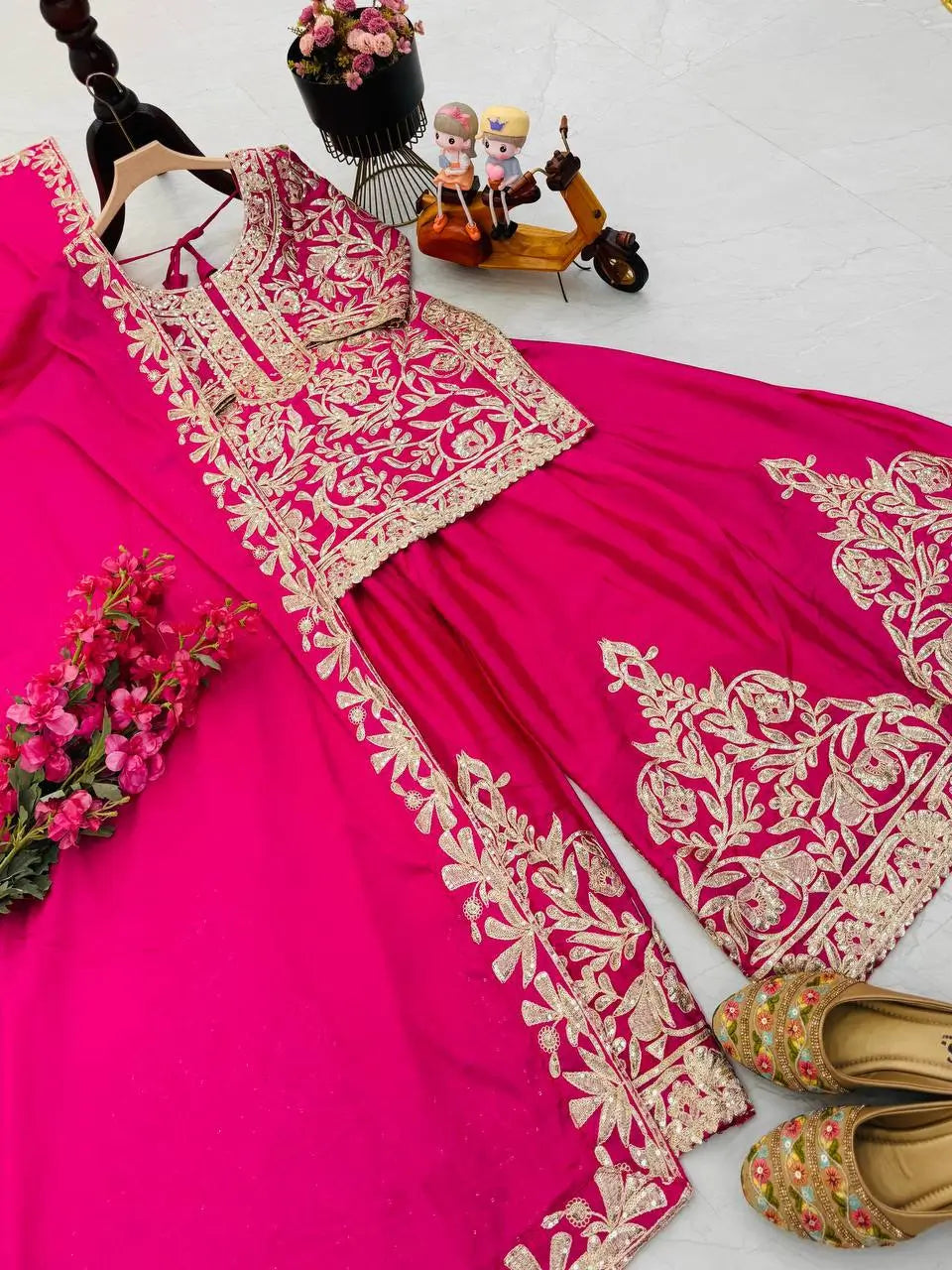 Designer Heavy Chinon Silk Sharara Suit with Coding Sequin Embroidery