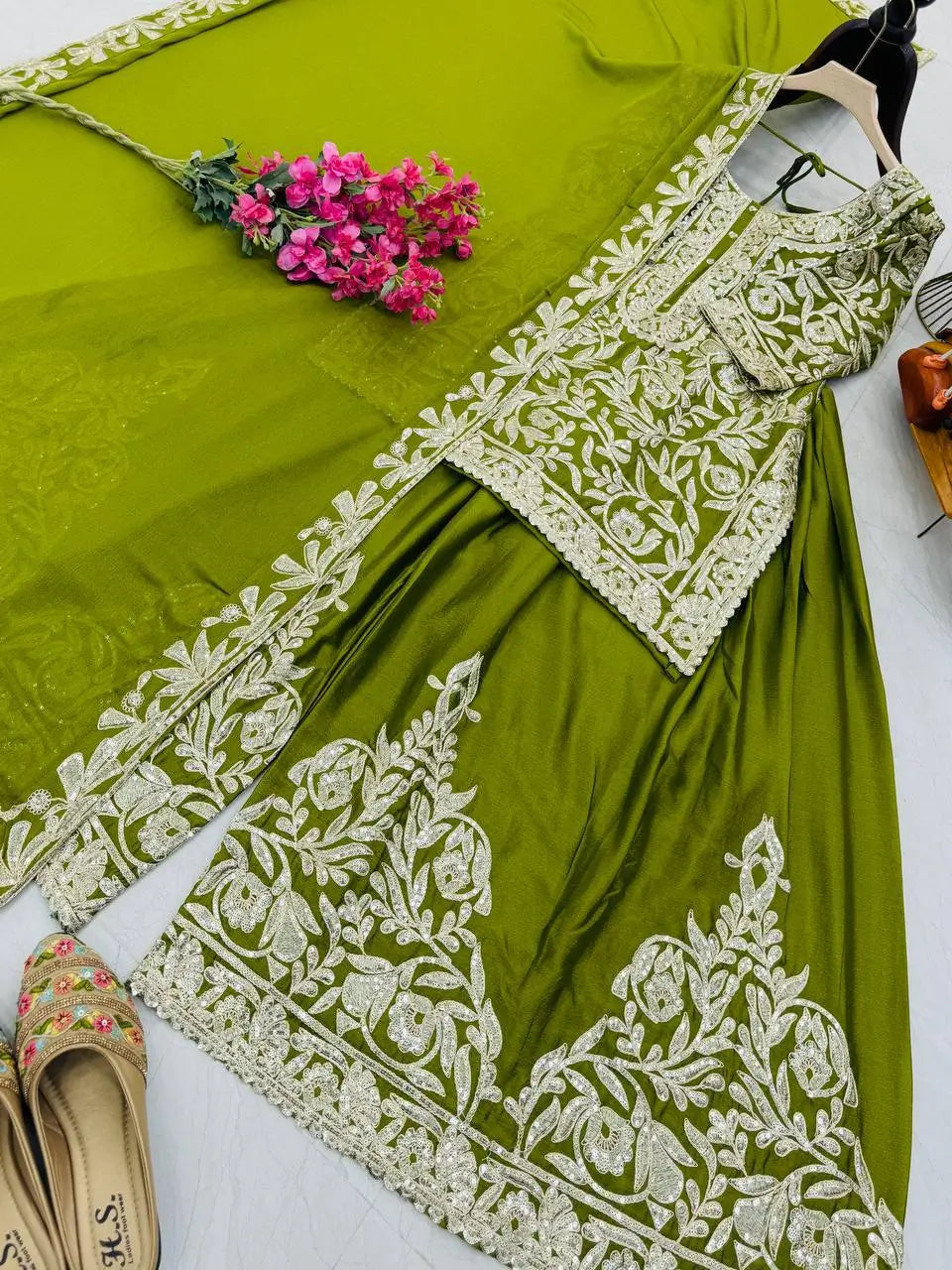 Designer Heavy Chinon Silk Sharara Suit with Coding Sequin Embroidery