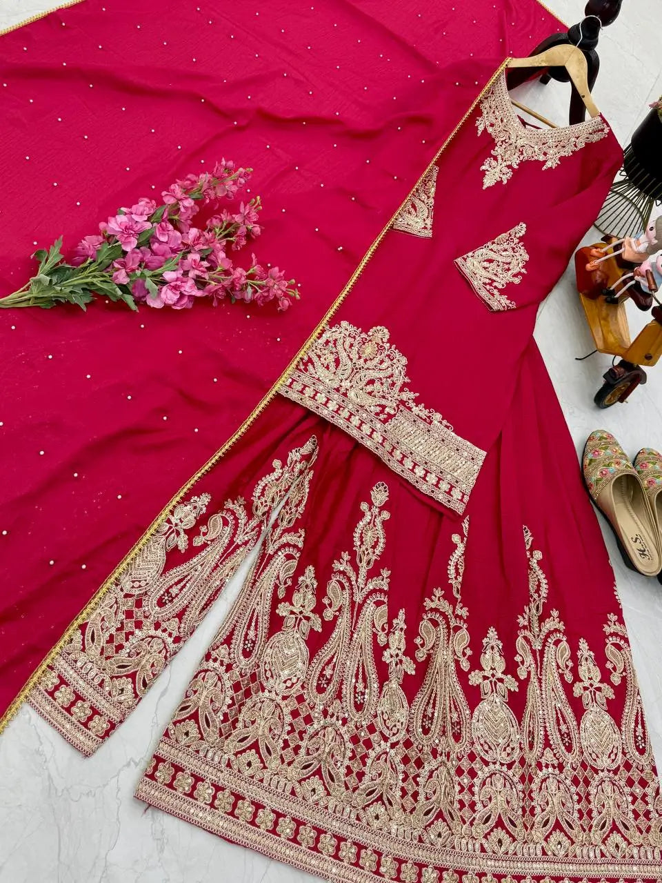 Designer Heavy Chinon Silk Sharara Suit with Coding Sequin Embroidery