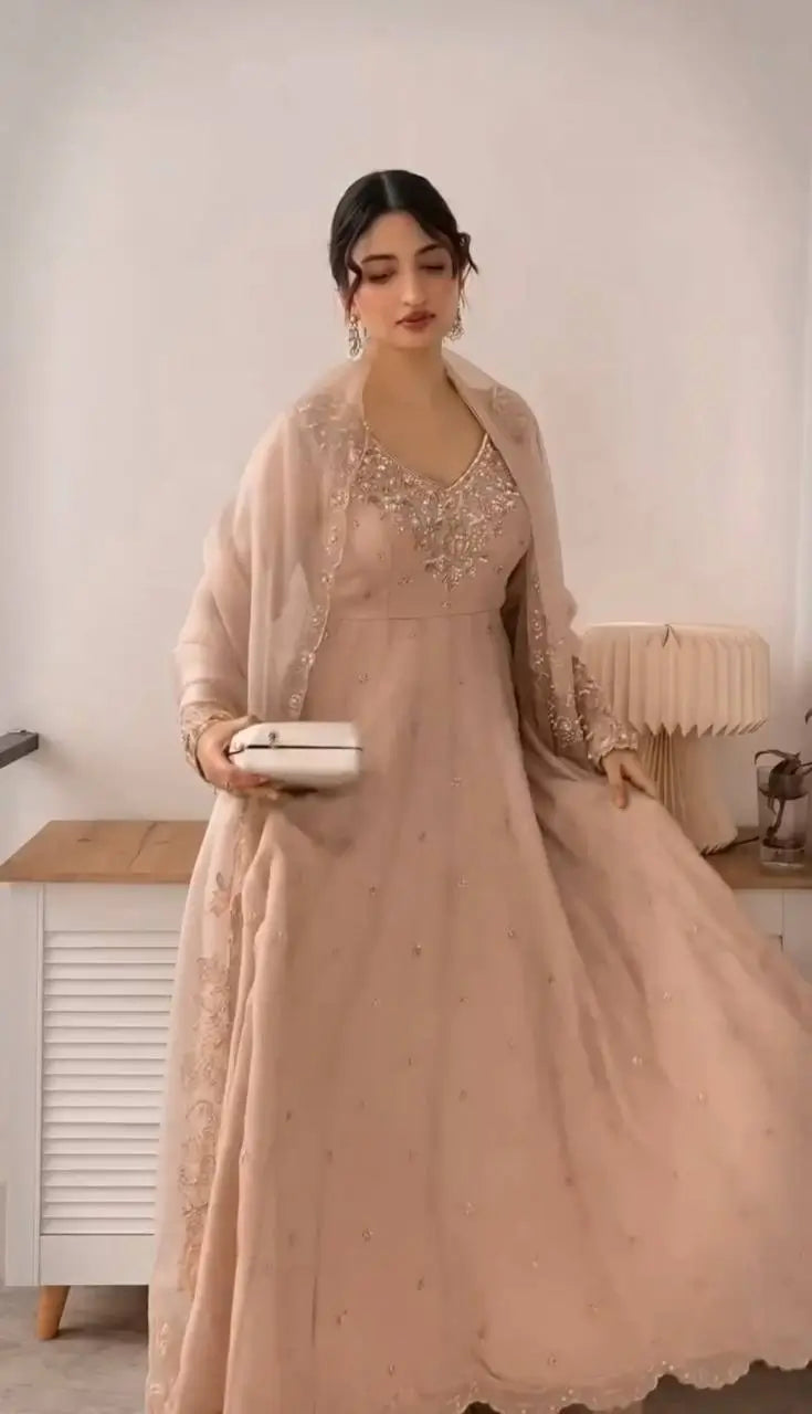 Designer Heavy Georgette Embroidered Party Wear Gown Set