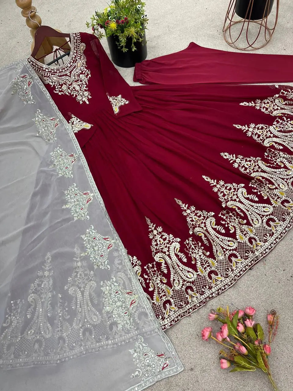 Designer Heavy Georgette Embroidered Party Wear Gown Set