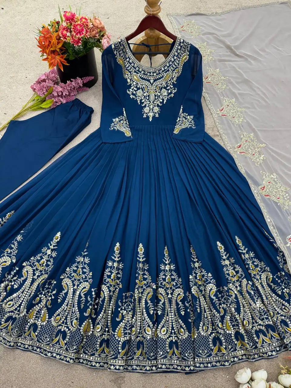 Designer Heavy Georgette Embroidered Party Wear Gown Set