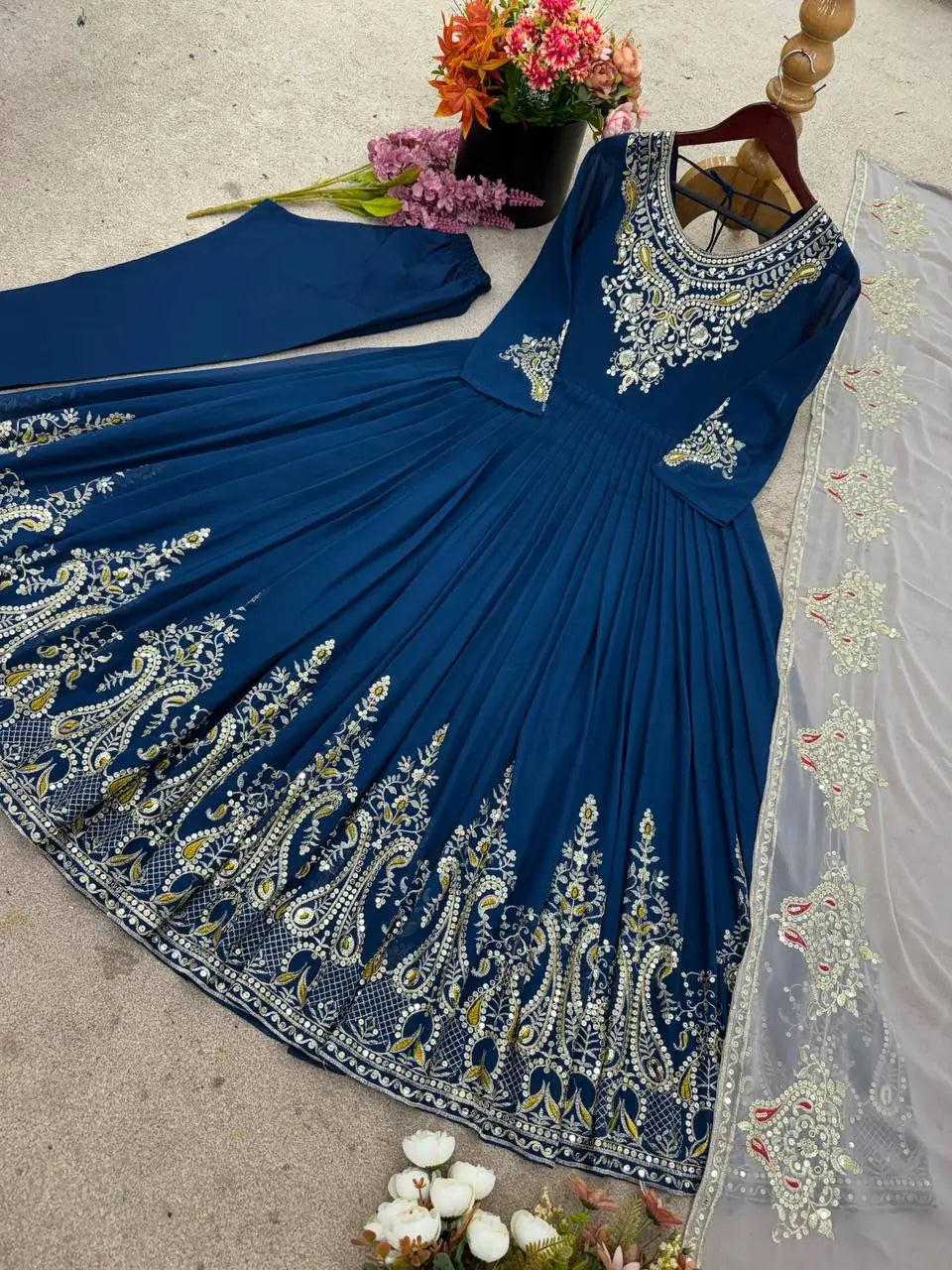 Designer Heavy Georgette Embroidered Party Wear Gown Set