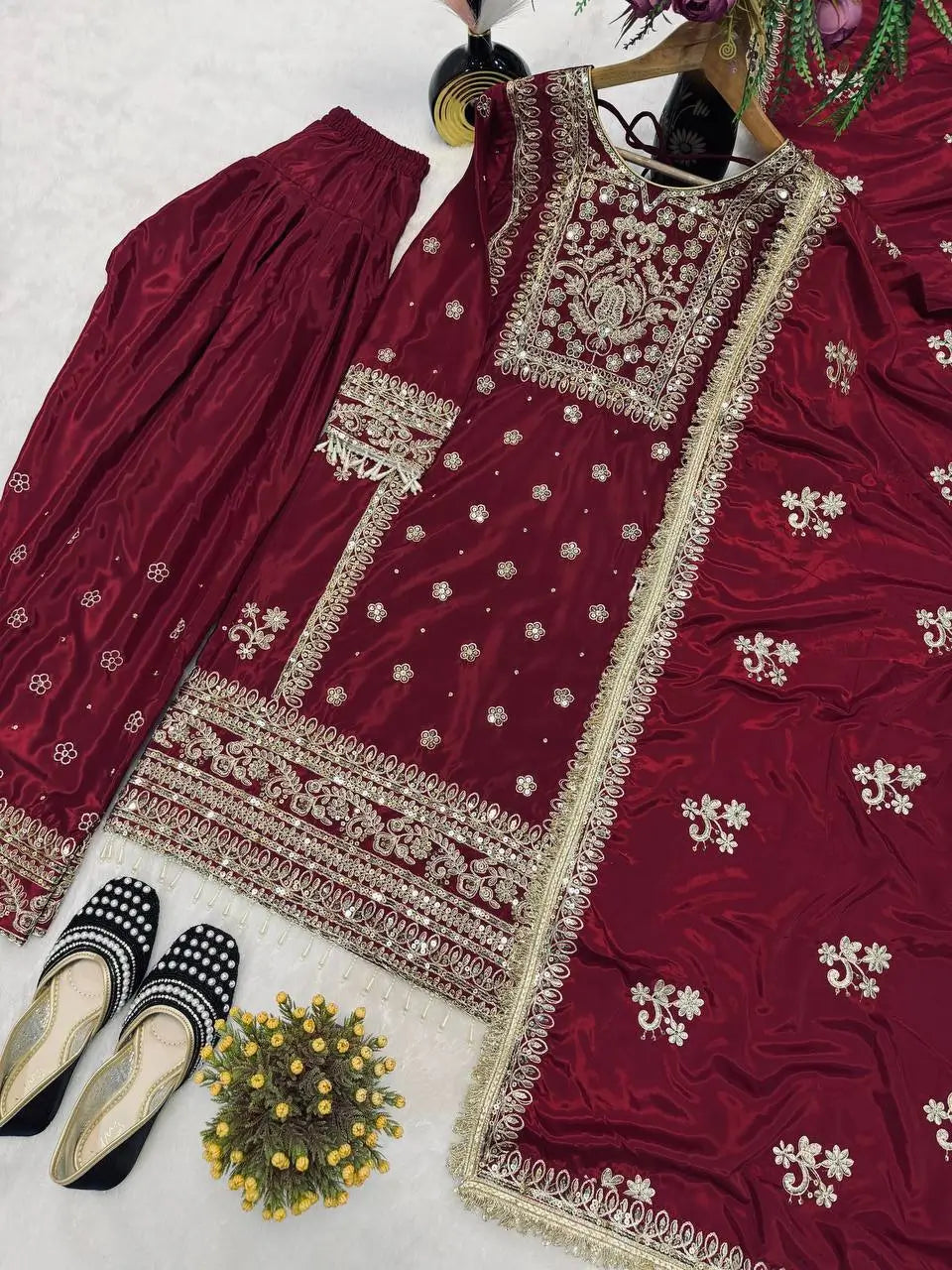 Designer Long Panjabi Suit Set with Farshi Salwar and Dupatta