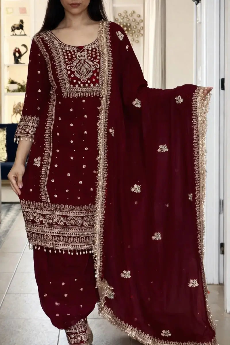 Designer Long Panjabi Suit Set with Farshi Salwar and Dupatta