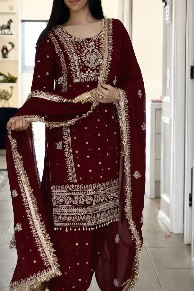 Designer Long Panjabi Suit Set with Farshi Salwar and Dupatta