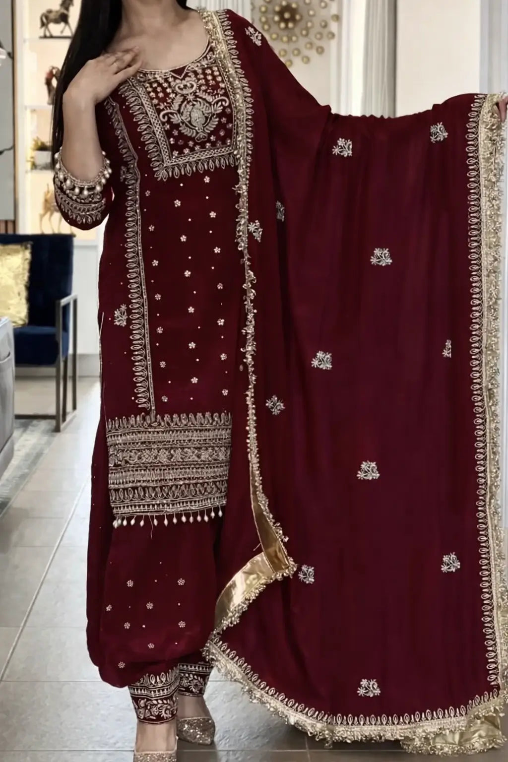 Designer Long Panjabi Suit Set with Farshi Salwar and Dupatta