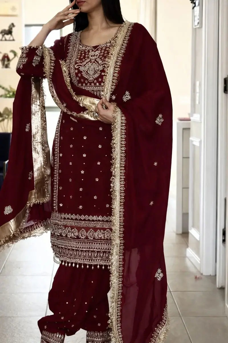 Designer Long Panjabi Suit Set with Farshi Salwar and Dupatta