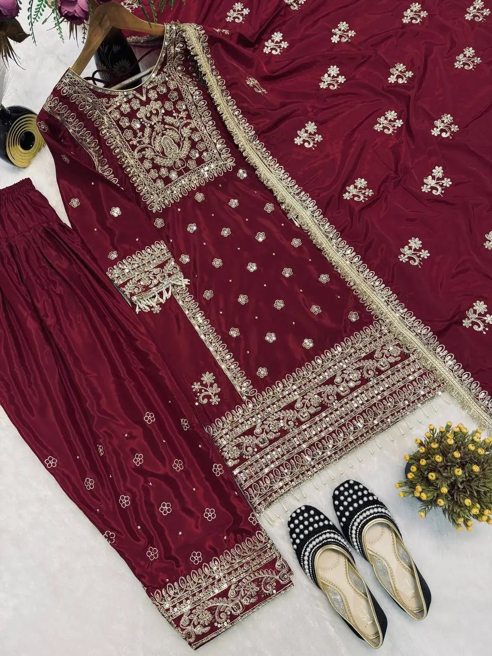 Designer Long Panjabi Suit Set with Farshi Salwar and Dupatta