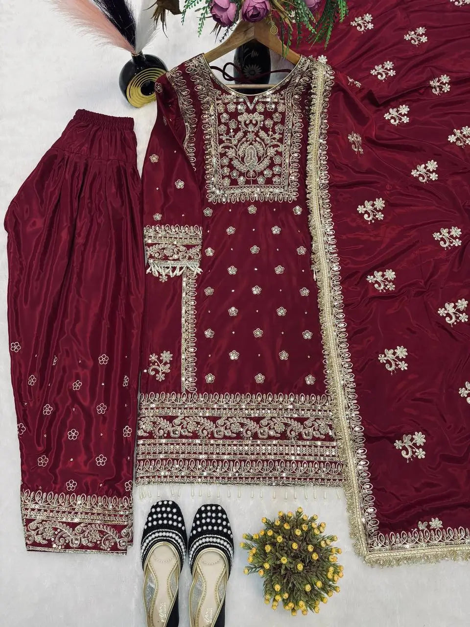 Designer Long Panjabi Suit Set with Farshi Salwar and Dupatta